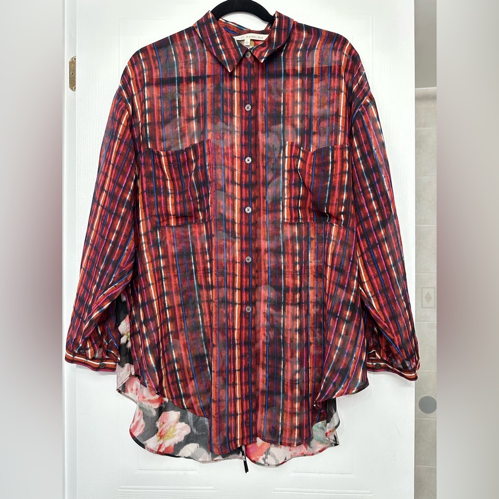 Rachel Roy Plaid & Floral sheer blouse